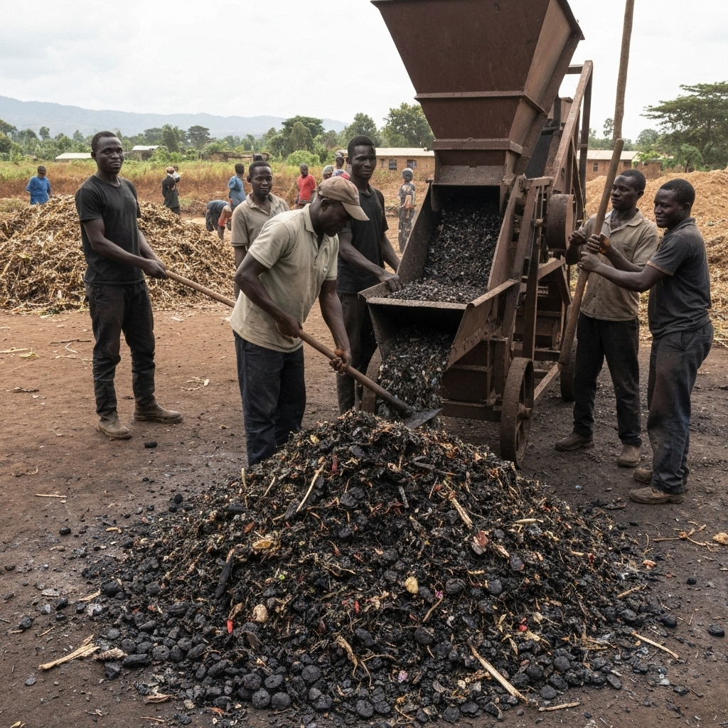 Community members processing cane trash into sustainable fuel briquettes