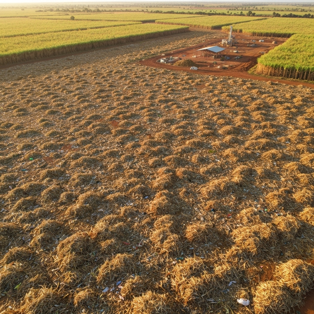 Sugar cane waste and agricultural trash in Kenyan fields, the raw material for Ahero Green Fuel